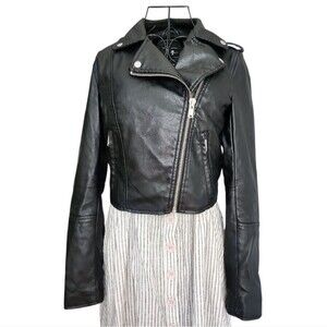 7 For All Mankind Black Faux Leather Moto Jacket XS Women’s Biker Cropped Zip